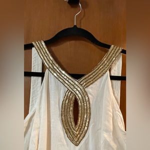 LAUREN by Ralph Lauren white linen dress with bold gold sequin detail - size 10